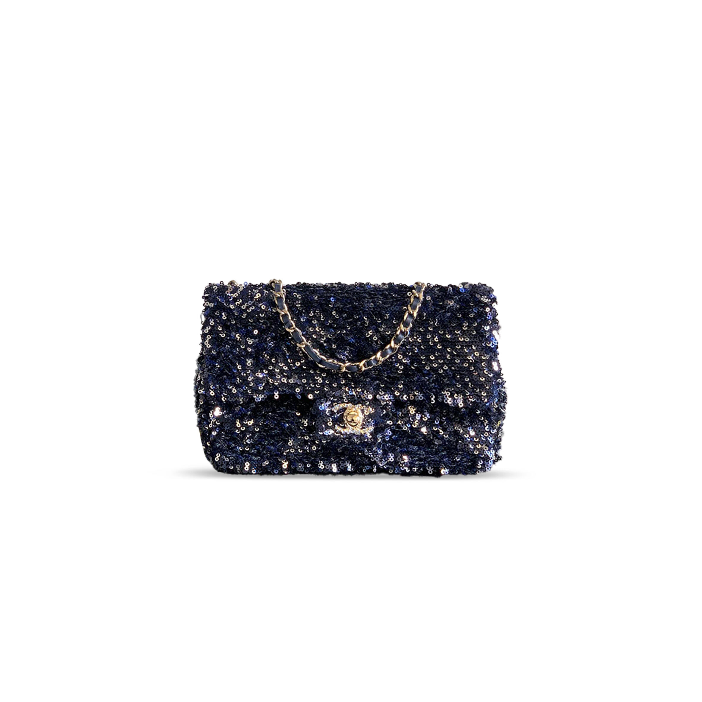 ch*el flap bag sequins & gold-tone metal G01den & night blue as4561 (21*14*8cm)